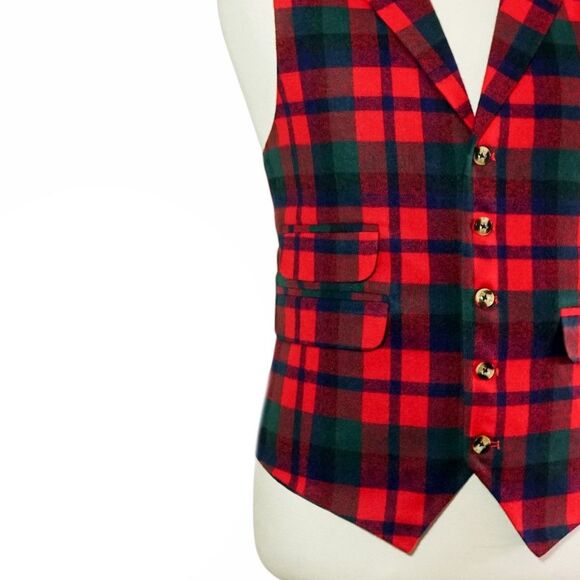 Mens 46R Plaid Wool Waistcoat Vest Red Blue Green Formal Wedding Business Party - Picture 6 of 8